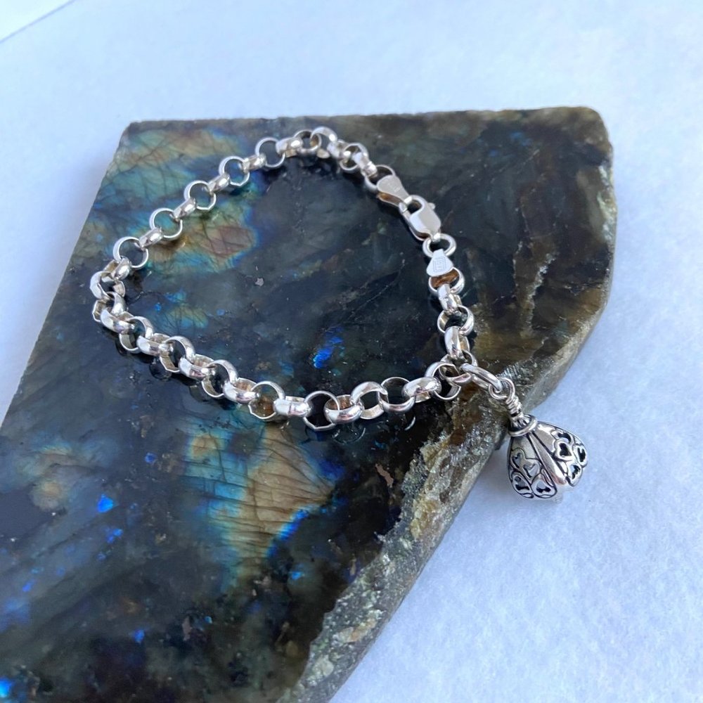 Sterling Silver 925 AGI Italy 6MM Rolo Link Bell Charm Bracelet Size 8" 13.5g - Picture 3 of 17